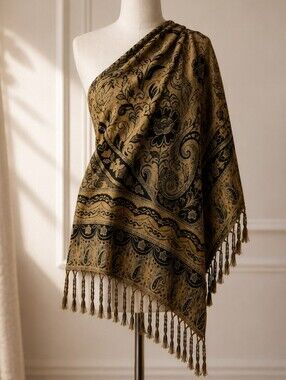 Anthropologie Golden Hour Metallic Floral Wrap Scarve Glam Gray Evening O/S